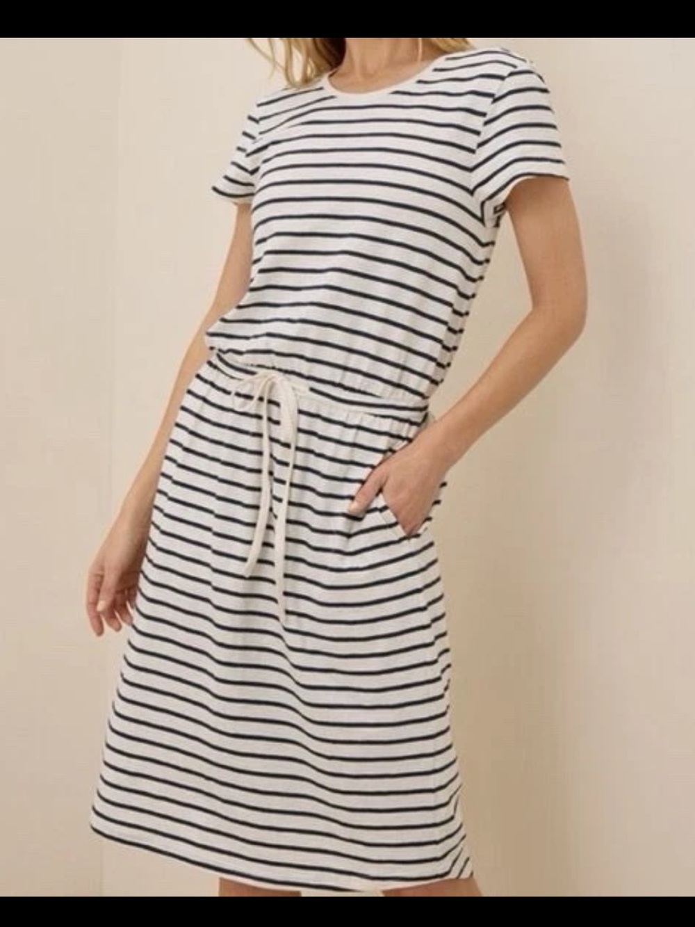 Striped Drawstring Midi Dress - White & Black SMALL NEW